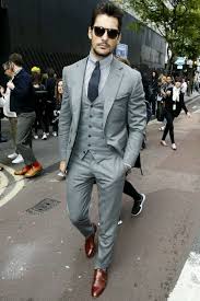 The Definition Of Bespoke Grey 3 Piece Navy On Stripes David Gandy Slim Fit Groom Suit Wedding Suits Men Mens Outfits
