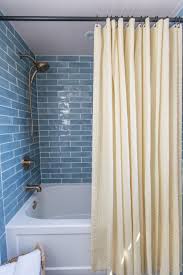 Black And Blue Shower Curtain Blue Shower Tile And Custom Shower Curtain Matte Black And Gold Details Master Bathroom Re Bathroom Shower Design Blue Shower Tile Master Bathroom Renovation