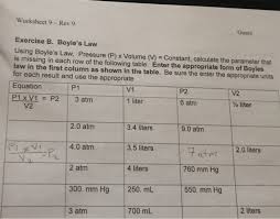 The worksheet provides information on boyle's law. Solved Worksheet 9 Rev 9 Gases Exercise B Boyle S Law U Chegg Com