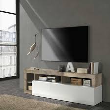 Meuble tv blanc et bois but. Meuble Tv Blanc Laque Brillant Bois Ischia Salon
