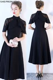 Black A Line Dress With Sleeves Elegant Black Tea Length High Neck Occasion Dress With Sleeves Homecoming Dresses Long Special Occasion Dresses Long Modest Dresses
