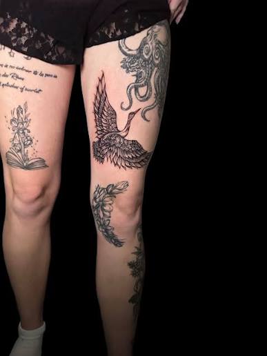 Crane in flight. Black and grey leg tattoo. A symbol of patience, balance, and moving forward with intention. ⚔️ DM me through IG ⚔️ Email: hashimototattoos@gmail.com ⚔️ Venue link https://venue.ink/@hashimototattoos ⚔️ ninjacyborgstudio.com