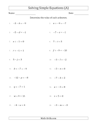 The Solving Simple Linear Equations With Unknown Values Between 9 And 9 And Variables On The Left Side Algebra Worksheets Solving Linear Equations Equations