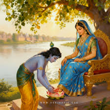 Shri Krishna lovingly serves the lotus feet of Shri Radha by the banks of the Yamuna river in Vrindavan, resting beneath the shade of a tree. Checkout wallapapers here: https://brajrasik.org/media/retouched-radha -krishn-photos