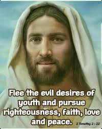 Flee the evil desires of youth and pursue righteousness, faith, love and  peace ( 2 Timothy 2 : 22 )