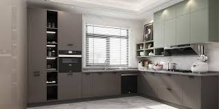 The geometric patterns on the shutter give an artistic look to the kitchen. Affordable L Shaped Melamine Kitchen Cabinet Plcc20076 Oppein The Largest Cabinetry Manufacturer In Asia