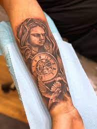 Guardian Angel With Clock And Doves Inner Forearm Tattoo Inner Bicep Tattoo Wrist Tattoos Girls