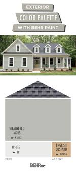 Behr premium plus exterior flat is 100% acrylic and provides a mildew resistant finish. Coordinated Palette For Weathered Moss White Behr Paint Exterior House Paint Color Combinations Exterior Gray Paint Exterior Paint Colors For House