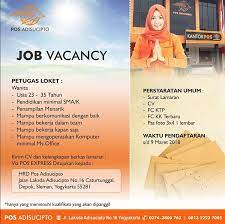 Lowongan kerja kantor pos jakarta terbaru 2021 bagi lulusan sma, smk, diploma, dan s1 tersedia hari ini di www.lokerhariini.com. Melamar Lowongan Kerja Petugas Loket Di Kantor Pos Adisucipto Yogyakarta Sampai Dengan 9 Maret 2018 Dibacaonline