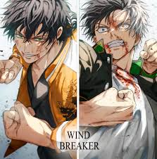 yoon (dmsco1803), sakura haruka (wind breaker), togame jou, wind breaker  (nii satoru), absurdres, highres, 2boys, black hair, blood, blood on  clothes, blood on face, clenched hands, copyright name, green eyes, grin,  heterochromia,