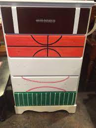 This vintage sports bedroom is where it all began. Sports Themed Dresser Boy Sports Room Decor Sports Themed Bedroom Sports Themed Room