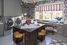 The exuberance showed up on the walls as striking shades such as chartreuse and organic shaped like boomerangs. Purple And Gray Laundry Room With Center Island Contemporary Laundry Room Sherwin Williams Classic French Gray