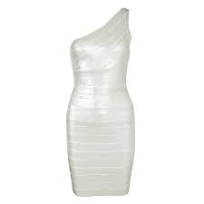 Herve Leger Alabaster One Shoulder Pauline Sequined Bandage Dress Xs