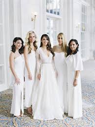 Bride In Monique Lhuillier Lace Long Sleeve A Line Gown Bridesmaids In Mismatched White Dresses Rustic Bridesmaid Dresses Bridesmaid Wedding Dress Inspiration