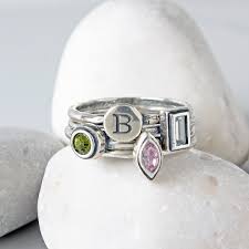 Mother's Stackable Birthstone & Initial Rings in Sterling Silver • 3  Birthstones and 1 Initial Set • Best Mother's Gift • Family Ring Set