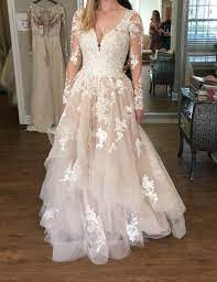 Lace Long Sleeves Champagne Wedding Dresses With Horsehair Skirt Wedding Dress Sleeves Wedding Dress Champagne Wedding Dresses Plus Size