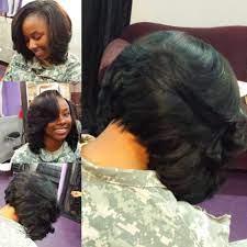 Can I Order A Bob With Layers On The Side Fiercehair Militarygirl Layers Weave Bangs Curled Laid Hair Styles Short Hair Styles Weave Hairstyles