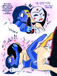 Rule 34 - 1boy 1boy2girls 2girls Black Body Black Eyes Black Hair Blue  Blush Blue Body Blue Lineart Blush Blushing Cheek Squish Cum Cum On Penis  Cum On Penis Head Cum On