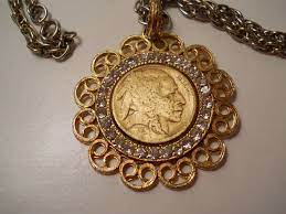 Wlp Buffalo Nickel Rhinestone Necklace With 24 Chain Vintage Gold Tone Coin Rhinestone Necklace Rhinestone Pendant Coin Jewelry