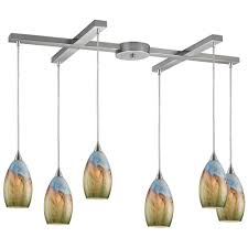 10077 6 Elk Lighting Geologic 6 Light H Bar Pendant Fixture In Satin Nickel With Multi Colored Glass