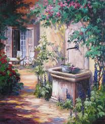 Ute Herrmann Olgemalde Ein Brunnen Mit Wassereimer An Einem Mit Rosen Umrankten Haus Und Blick Auf Die Terrasse Tis Idee Farbe Romantische Malerei Gemalde
