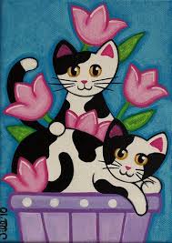 Twins In The Tulips Kedi Sanati Cizimler Ve Tuval Resimleri