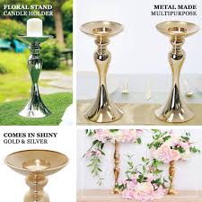 Pillar candle holder will infuse your home decor with graceful colors and a unique design. 2 Pack 12 Tall Gold Floral Stand Pillar Candle Holder Set Tableclothsfactory