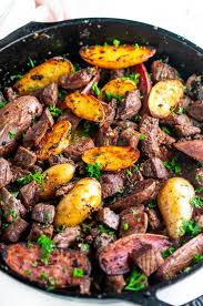 Cast iron skillets can withstand both stovetop and oven cooking. Skillet Garlic Butter Steak And Potatoes Aberdeen S Kitchen