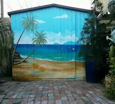 Outdoor Garden Shed Painted With Beach Scenery Shed Makeovers Outdoor Hand Painted Mural Beach Mural Beach Wall Murals Garden Mural