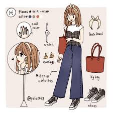 instagram 上的pslu 雙魚座 pisces 0219 0320 星座穿搭系列最後一張浪漫的雙魚座 今年幸運色是灰黑色 紫藍色沒想到跟牡羊座一樣 想到的是心型格紋上衣配上原色丹寧寬褲以及低筒帆布鞋 大型包包這也是我喜 drawing clothes fashion outfits