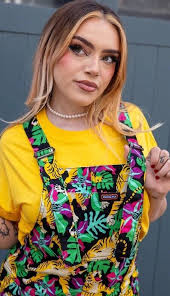 RUN AND FLY Black Tiger Lily Print Stretch Twill Cotton Dungarees 4XS-4XL  Unisex