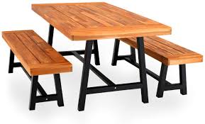 Dark brown rectangular wood outdoor dining table. Buy Phi Villa Outdoor Table Bench Set Of 3 1 Wood Dining Table 2 Wooden Benches Premium Acacia Wood Patio Furniture Set For Porch Balcony Deck Teak Color Online In Indonesia B08fhrcz2y