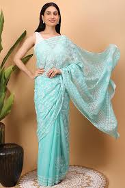 Shwet Cyan Blue Kota Cotton Chikankari Saree Online | Okhai