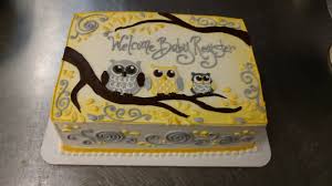 A Quarter Sheet Baby Shower Cake With A Yellow And Gray Owl Theme Owl Baby Shower Theme Baby Shower Cakes Girl Baby Shower Owl Cake