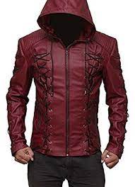 Arsenal Hooded Red Arrow Roy Harper Men 39 S Leather Jacket Amazon Co Uk Clothing Celebrity Jackets Leather Jacket With Hood Leather Jacket Men