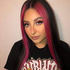 Long Straight Black With Red Highlight Human Hair Lace Front Wig Pink Hair Streaks Hair Streaks Hair Color Streaks