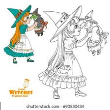 Free cute witch coloring page printable. Cute Girl Witch Costume Holding Doll Stock Vector Royalty Free 690530434