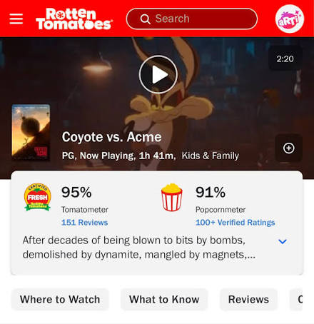 COYOTE VS. ACME' is currently sitting at: • 95% Critics Score 🍅 • 91% Audience  Score 🍿 The reviews are in and they're loving it. NOW playing in theaters.  🎬 #CoyoteVsAcme #Movies #MovieNews