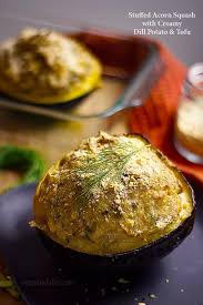A Stuffed Acorn Pepper Squash Recipe That Is A Little Different The Filling Is A Creamy Potato Dill And Sear Delicious Vegan Recipes Recipes Squash Recipes