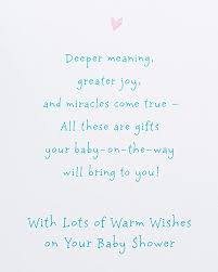 Devout parents will appreciate receiving a spiritual sentiment in their baby shower card. Baby Shower Warm Wishes