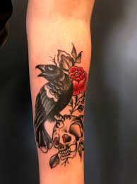 Crow with rose tattoo design on chest; Crow Skull And Rose By Dana Hex Graceland Tattoo Wappingers Falls Ny Imgur
