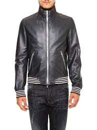 Dolce Gabbana Zip Through Striped Trim Leather Jacket In Blue Modesens Lamb Leather Jacket Leather Jacket Dolce And Gabbana Man