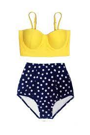 Yellow Midkini Top And Navy Polka Dot Highwaisted High Waisted Waist High Waist Bikini Set Swimsuit Swi Swimsuits High Waisted Bikini Swimwear Yellow Swimsuits