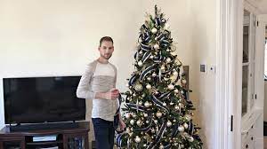 Use them on your christmas tree, wreaths, and garlands to add depth to your holiday display. Navy Blue Gold Christmas Tree Easy Christmas Ribbon Technique How To Decorate A Christmas Tree Youtube
