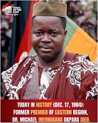 Michael Iheonukara Okpara was a politician and Premier of Eastern Nigeria  during the First Republic, from 1959 to 1966. At the age of 39, he was  Nigeria's youngest Premier, He was a