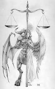 *shakes her head and her eyes turn back to red* sorry.ellie likes to do that. Lebra Half Angel Half Demon Balance Tattoo Evil Tattoo Tribal Art Tattoos