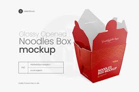 Gift box free mockup to showcase your gift packaging in a photorealistic style. Opened Glossy Noodles Box Mockup Half Side View Helenstock Com