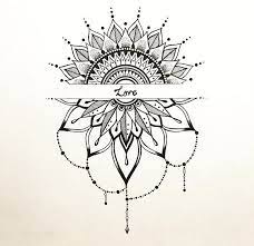 It is surrounded by a crescent moon and a symmetrical mandala design. Pin By Jerry Harriman On Mandala Mandala Sun Tattoo Mandala Tattoo Mandala Tattoo Design