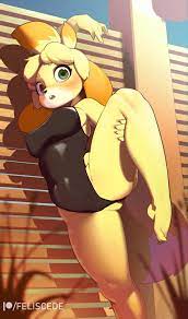 2022 animal crossing anthro ass big breasts breasts feliscede  female green eyes isabelle (animal crossing) jpeg nintendo one-piece  swimsuit swimsuit tagme 