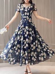Dark Blue Modest A Line Round Neck Pattern Chiffon Casual Dresses Style V100369 In 2020 Maxi Dresses Summer Casual Chiffon Maxi Dress Trendy Dresses Summer